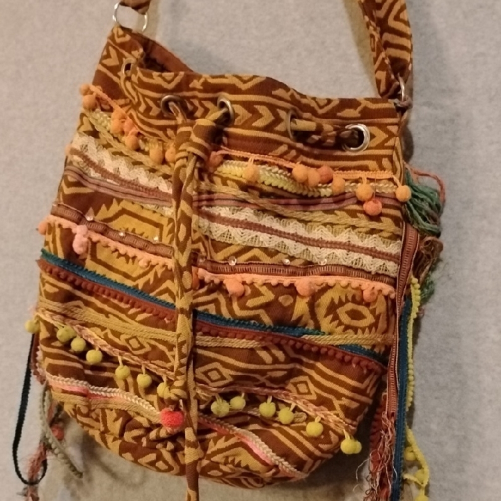 Bohemian Bucket Bag in Brown and Tan - Picture 2 of 10